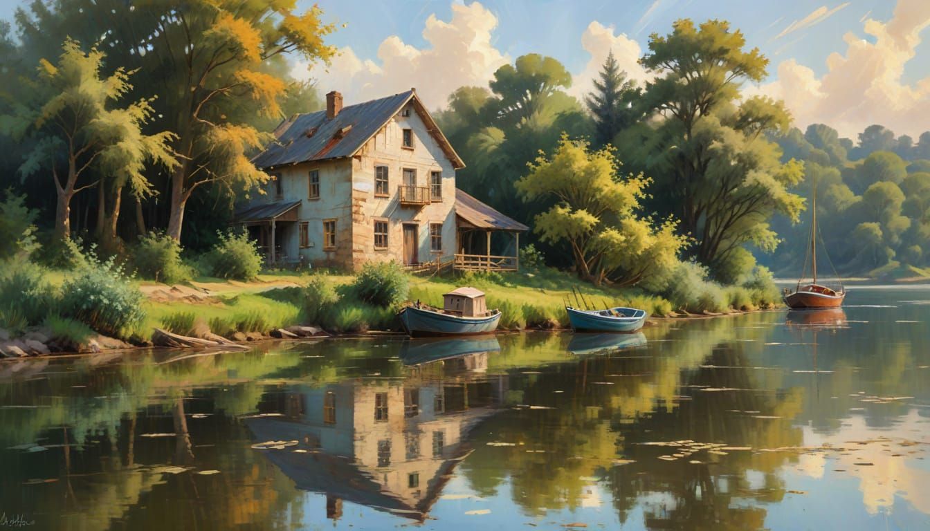 Old Building by Water: Impressionist Oil Painting