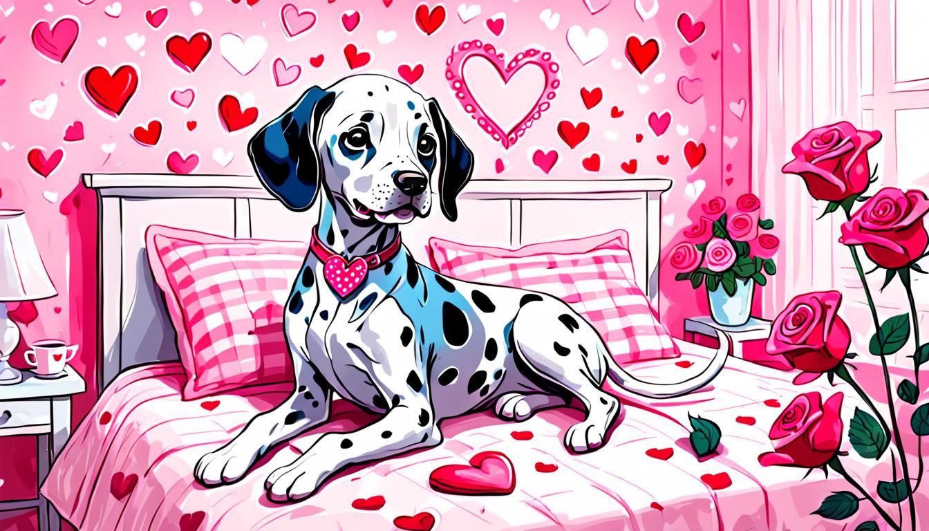 Cute Dalmatian Puppy in Bedroom: Hand-Drawn Sketch