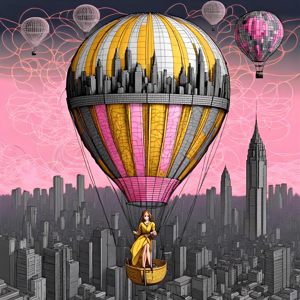 Woman in Hot Air Balloon Over Gotham City