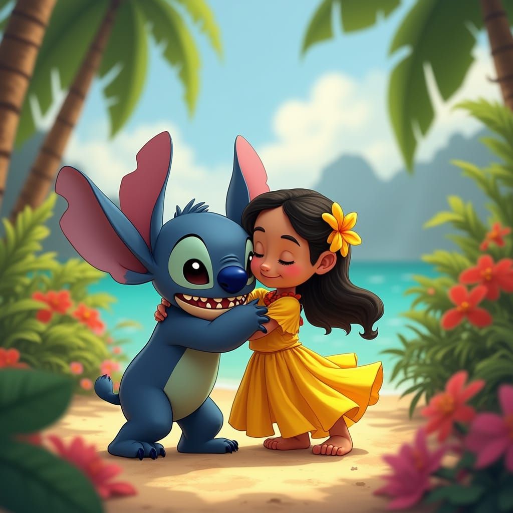 Lilo and Stitch Embrace in Whimsical Hawaii