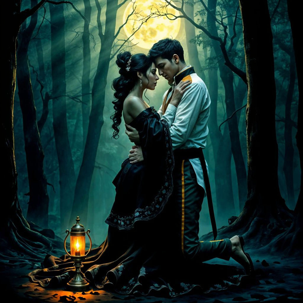Midnight Moonlit Romance in Mystical Forest