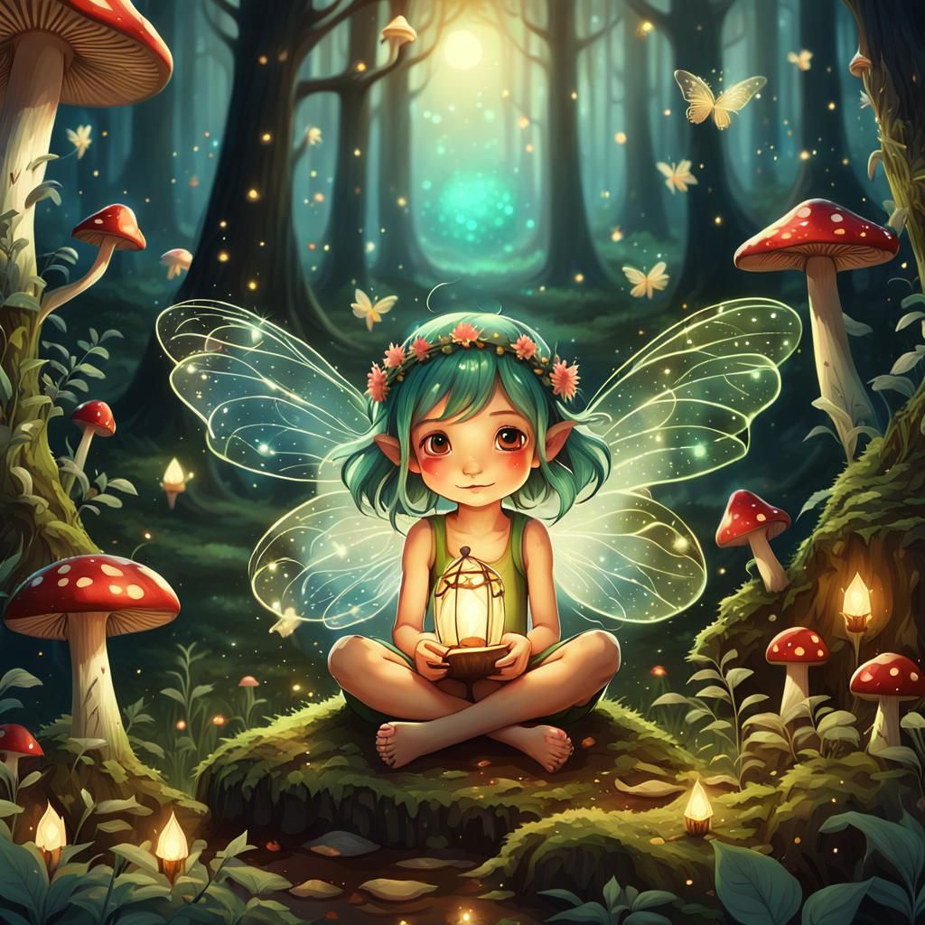 Enchanted Fairy on Mushroom in Whimsical Forest