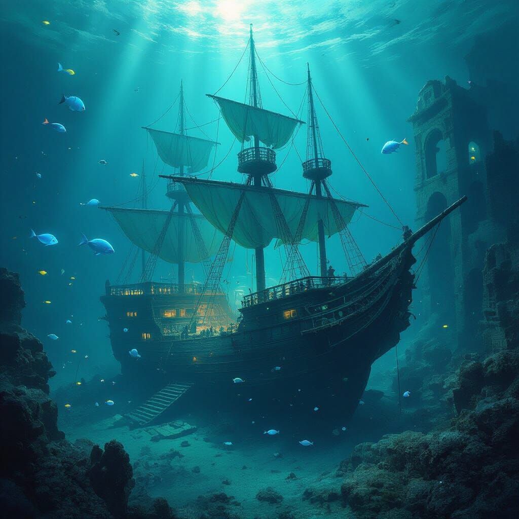 Ghostly Underwater City with Sunken Ship