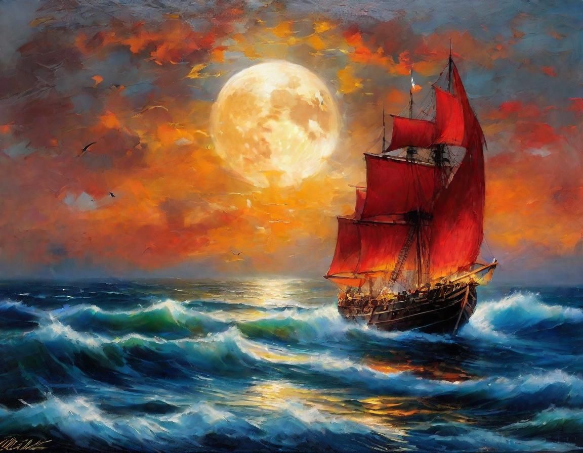 Halloween Moon Over Red Ship in Dreamy Seascape