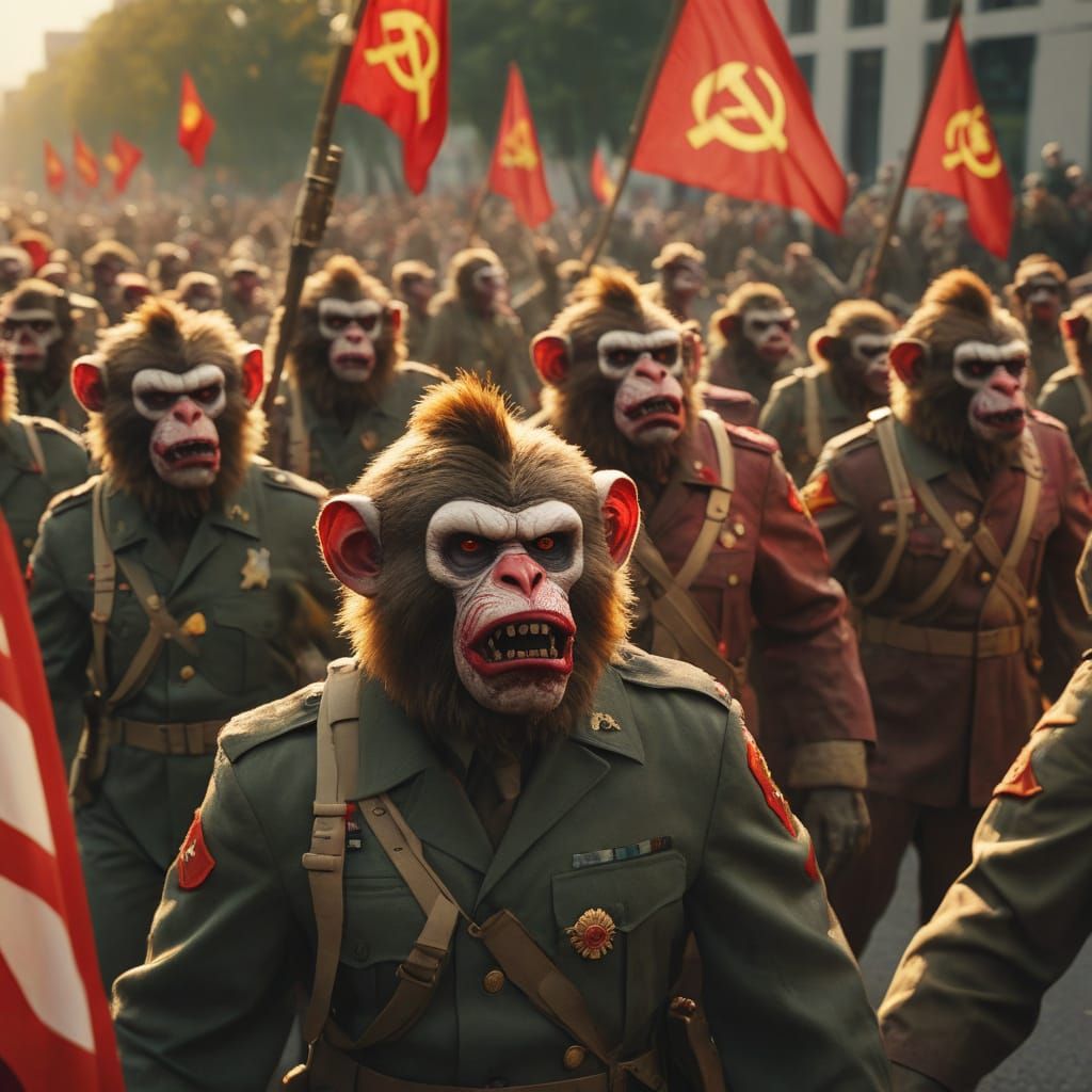 Zombie Monkey Clown Military Parade in Cinematic Style