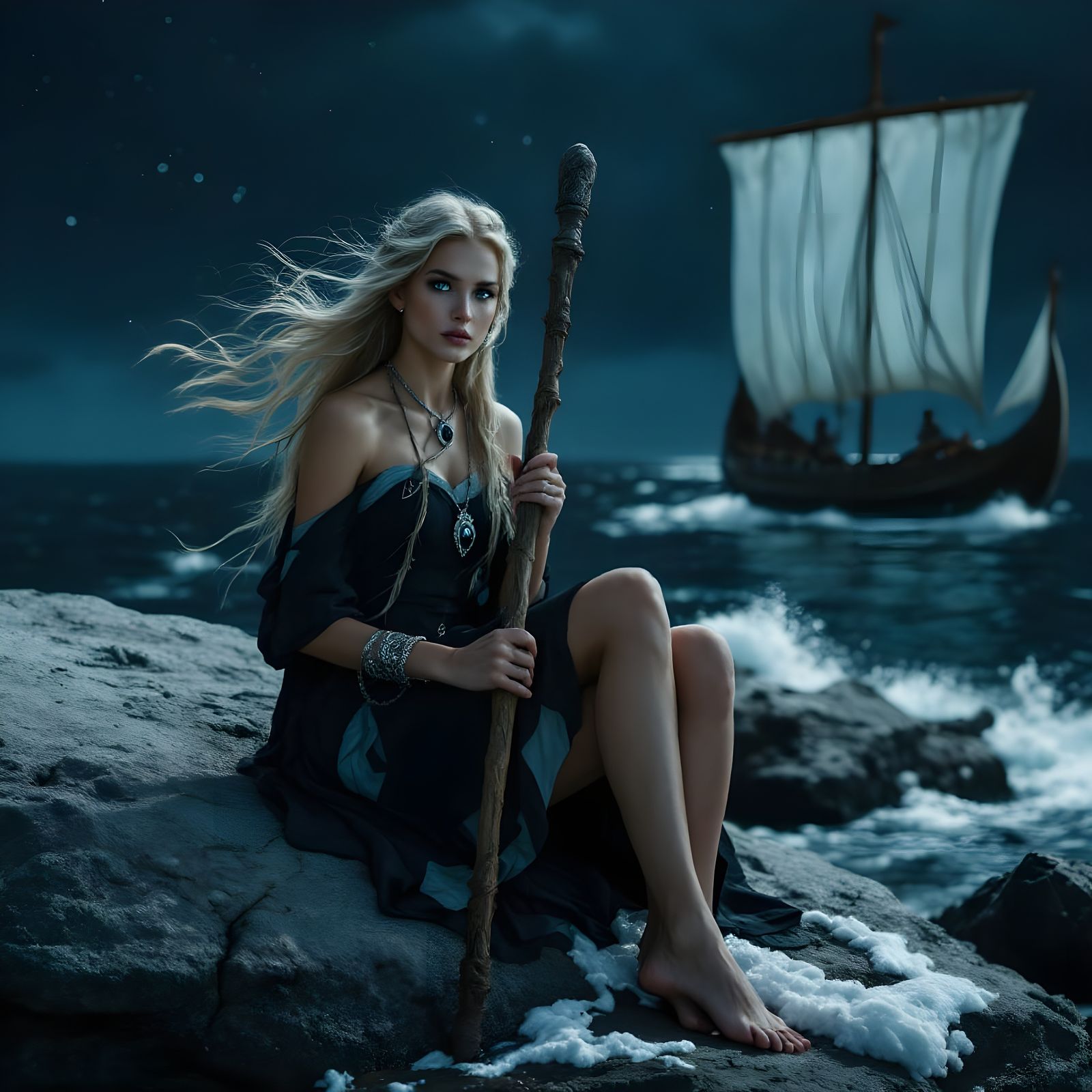 Norse Goddess of Oaths Waits by the Seashore Under Starry Ni...
