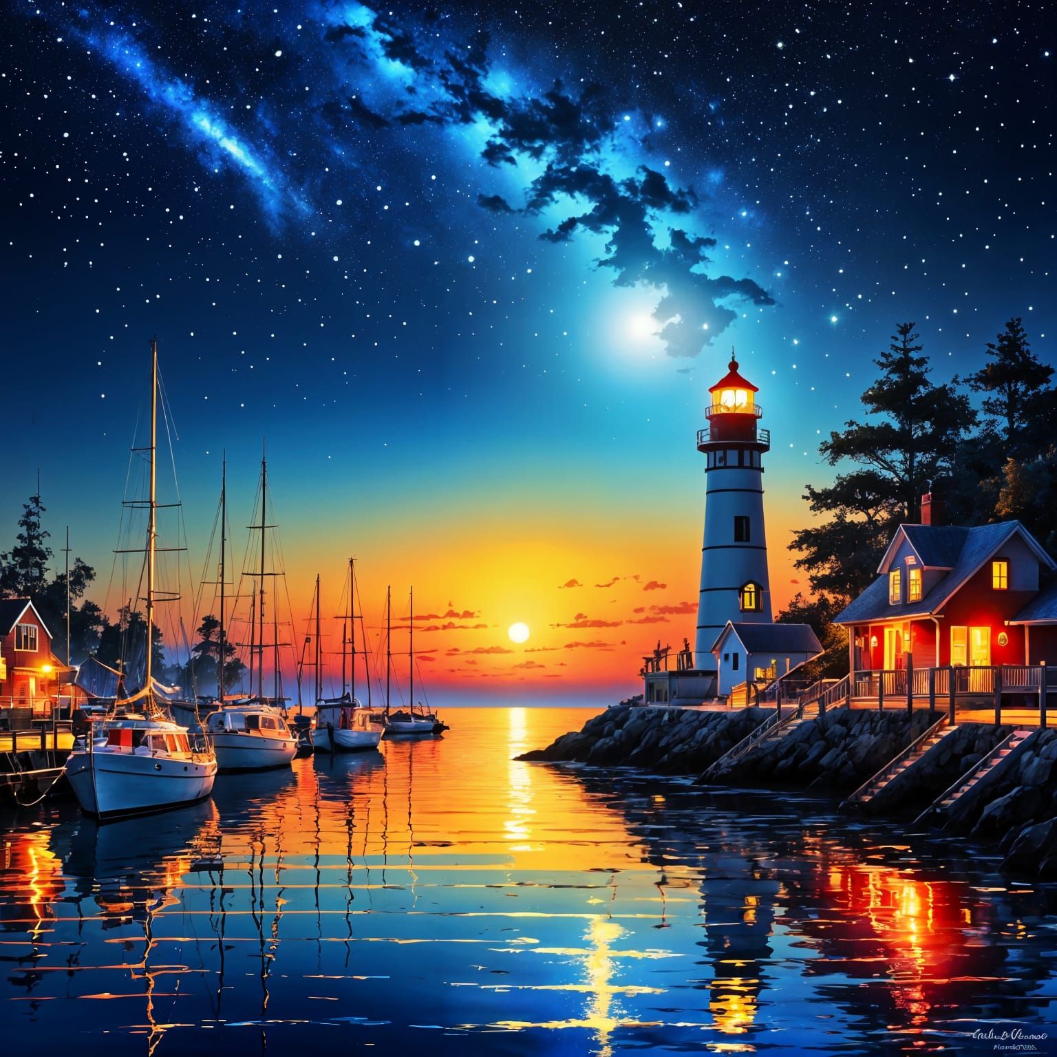 Magical Neon Sunset Over Ocean with Sailboats and Lighthouse
