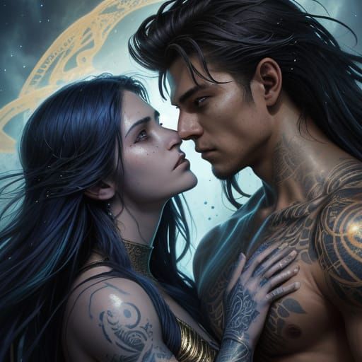 Teen Couple with Glowing Tattoos in Ancient Ruins