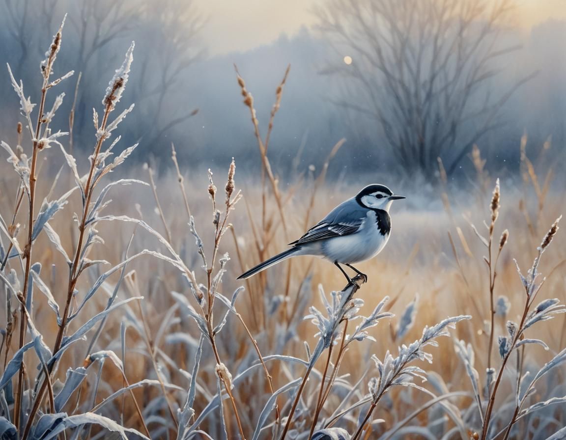 White Wagtail in Foggy Landscape, Watercolor Painting