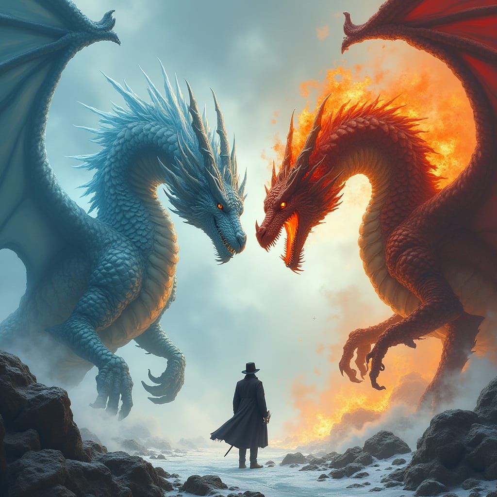Majestic Ice and Fire Dragons Confront a Mysterious Stranger