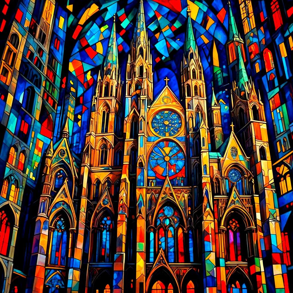 Colorful Cubist Cathedral at Night in Geometric Style