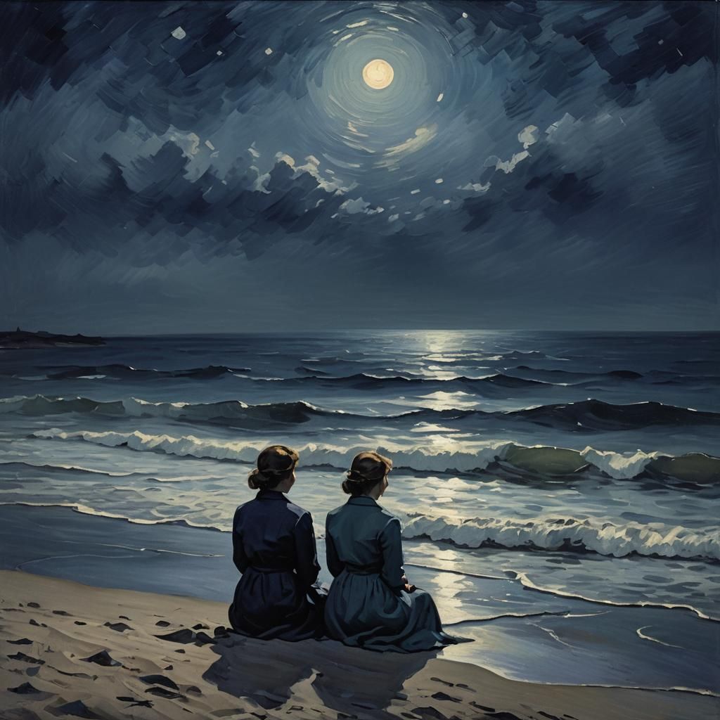Moonlit Beach Scene in Impressionistic Style
