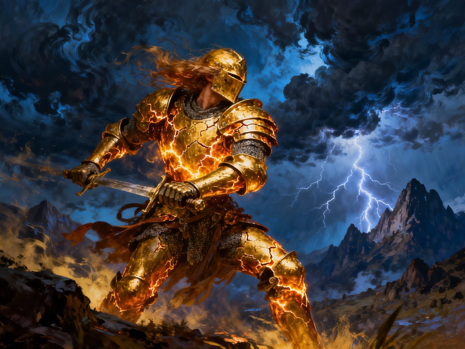 Knight's Fiery Battle in Epic Fantasy Landscape