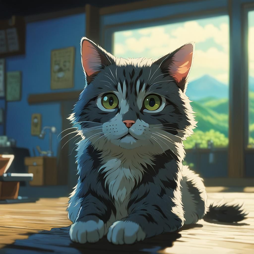 Anime Cats with Detailed Eyes in Ghibli Style