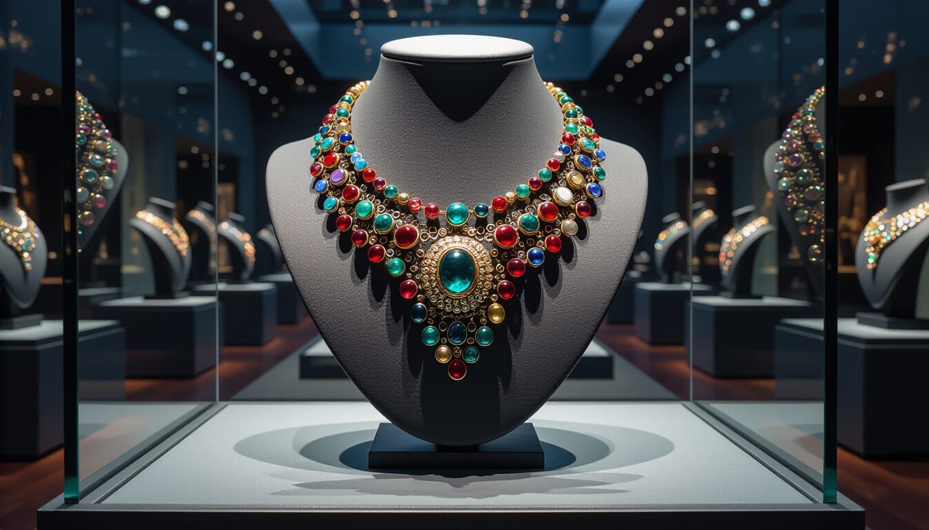 Intricate Bead Necklace in Museum, Dark Fantasy Art