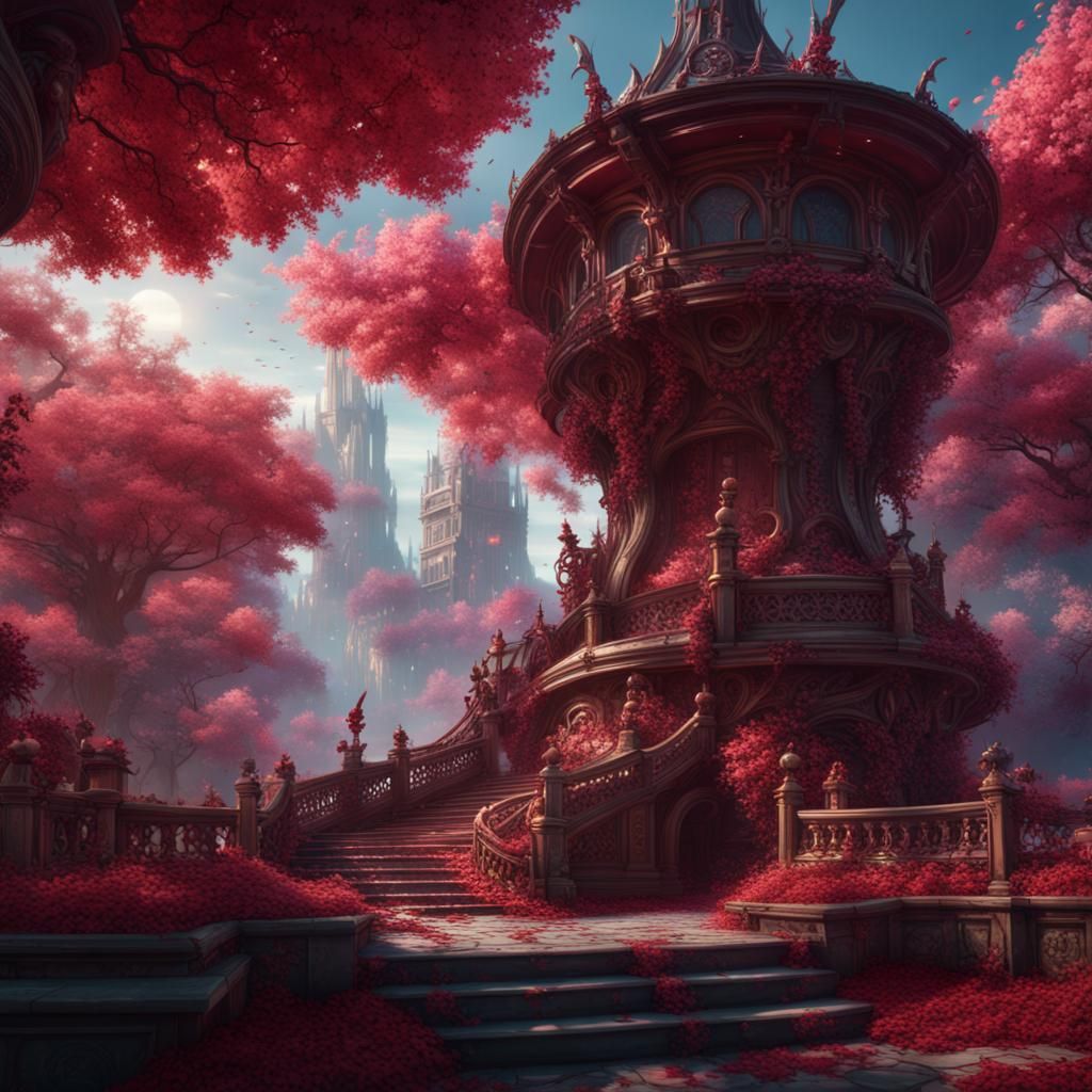 Fantastical Cherry Diaspora in Detailed Matte Painting