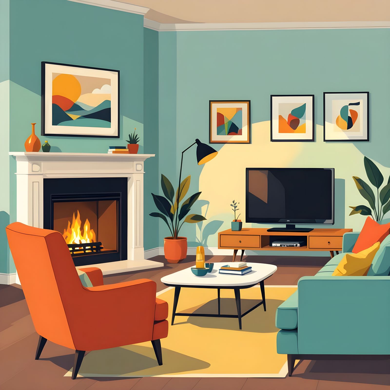 Cozy Living Room in Pastel Colors with Dark Outline