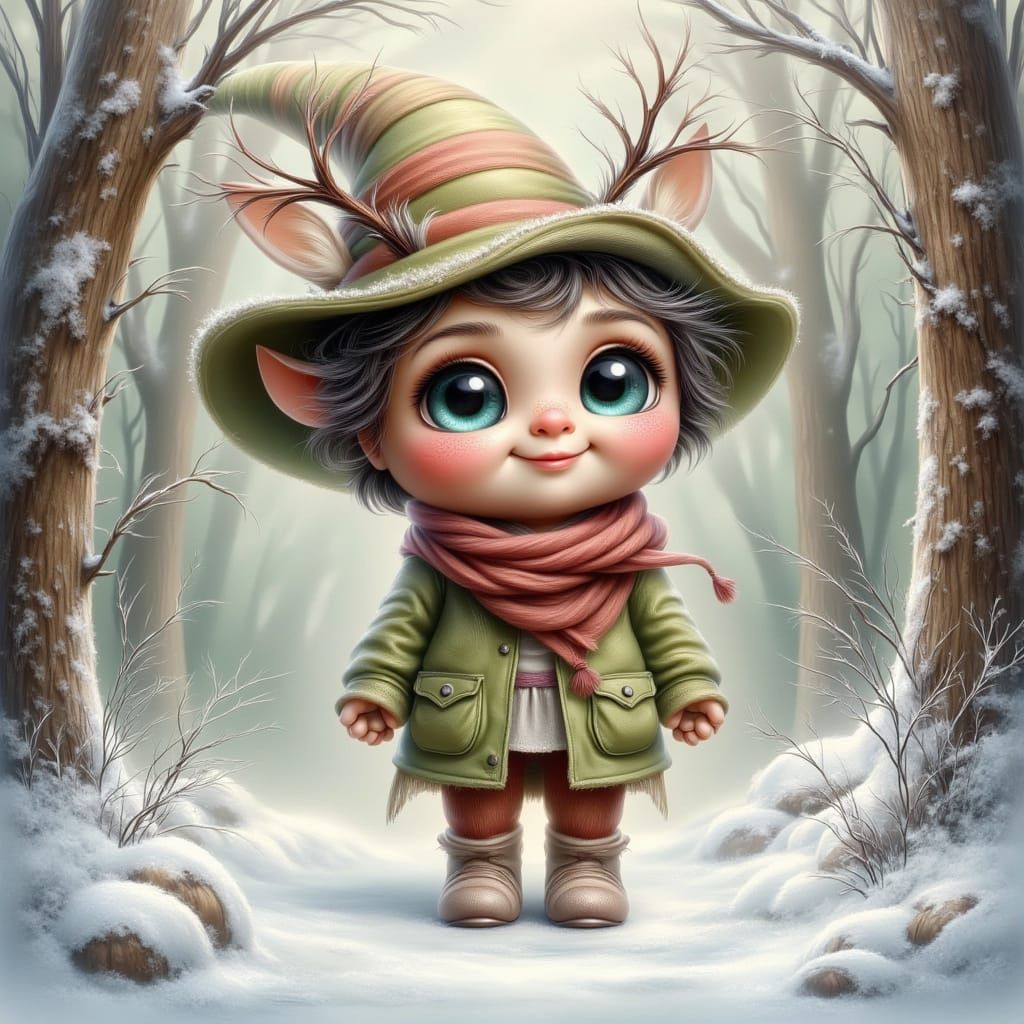 Whimsical Forest Spirit in Snow-Covered Landscape