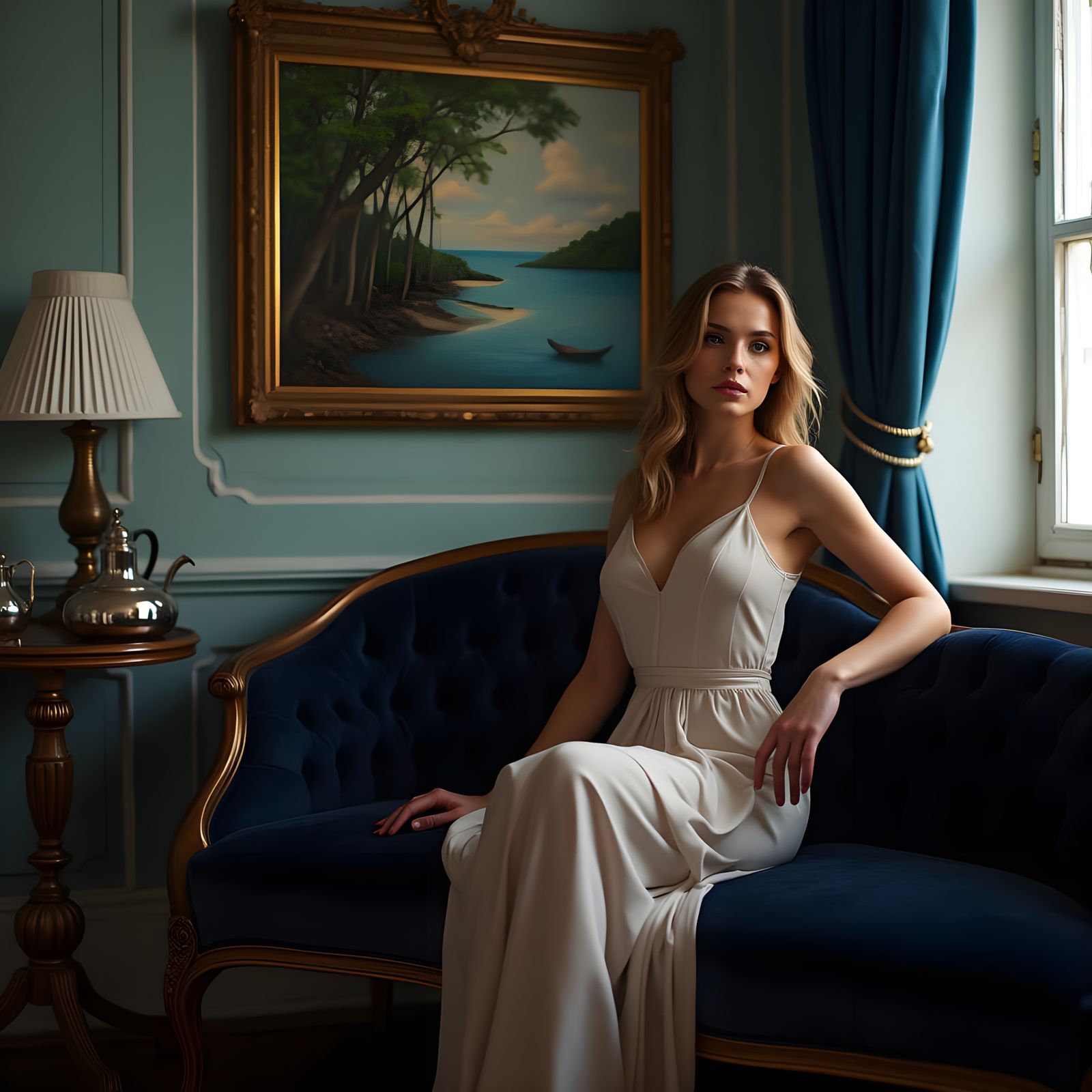 Elegant Woman in Golden Hues on Dark Sofa