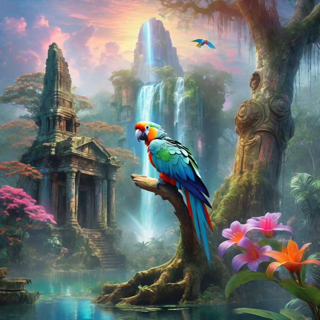 Jungle Parrot: Holographic Astral Illustration in Mixed Medi...