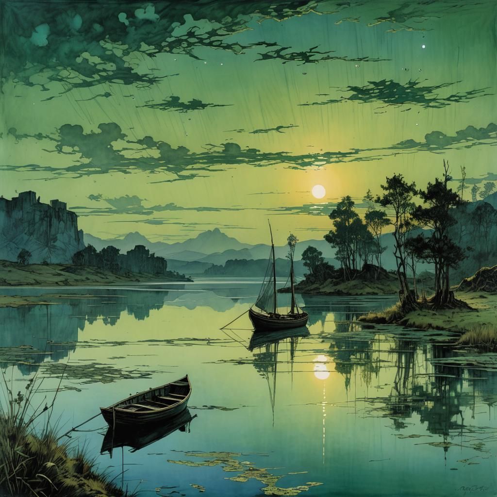 Mysterious Green-Blue Lake Sunset in Dreamlike Detail