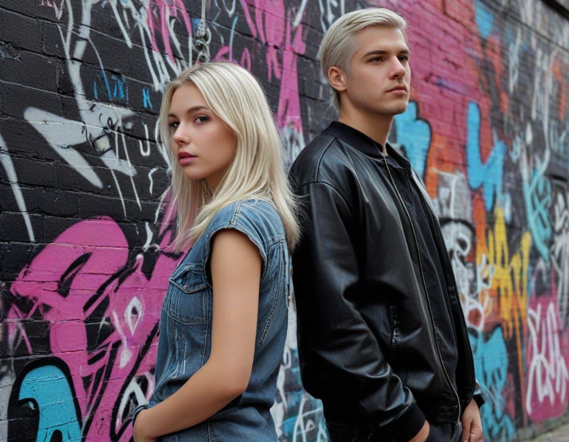 Street Art Portrait: Blond Girl and Silver-Haired Boy