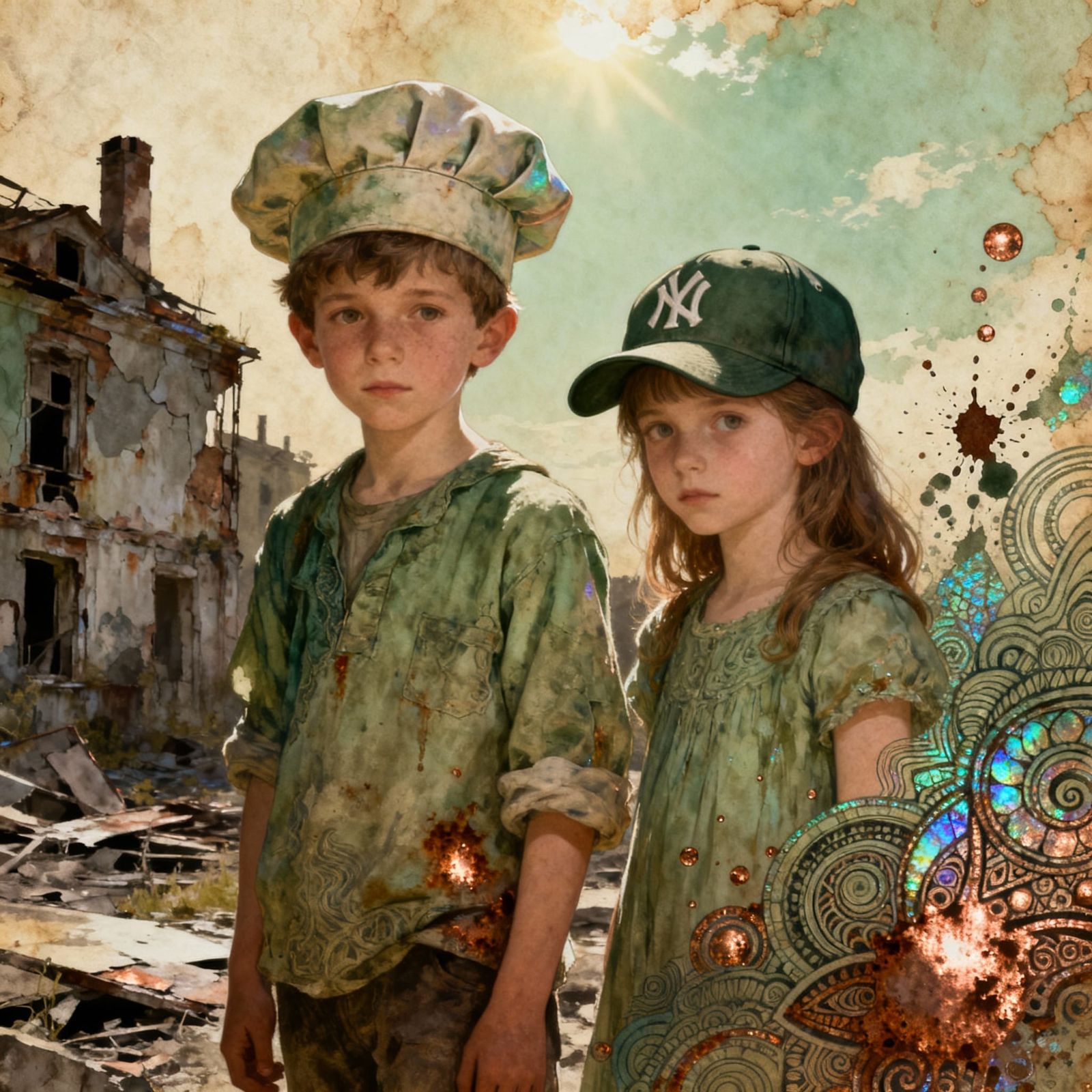 boy baker boy cap with little girl baseball cap, on tea-stai...