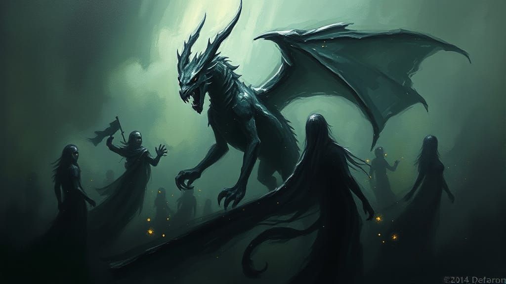 Abstract Gorgon Amidst Green Mist and Fireflies