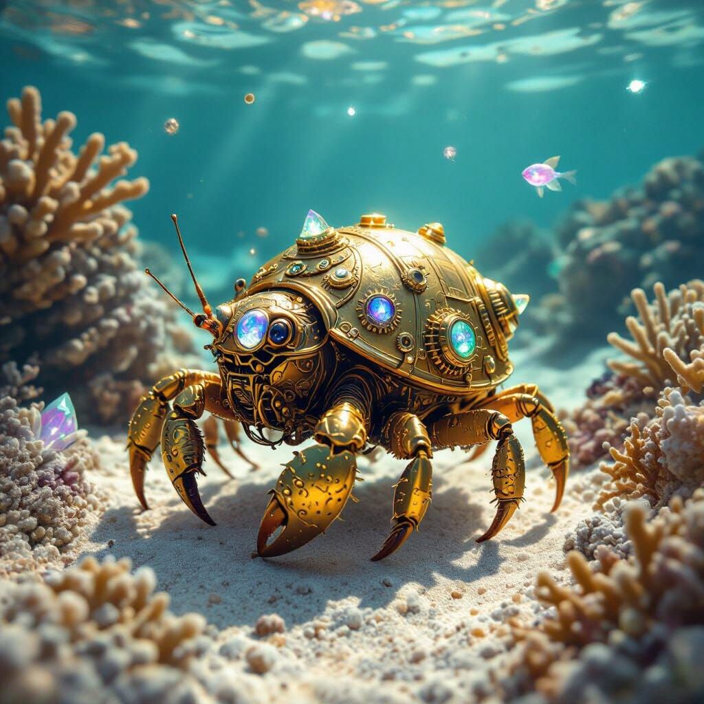 Bioluminescent Steampunk Hermit Crab on Coral Reef