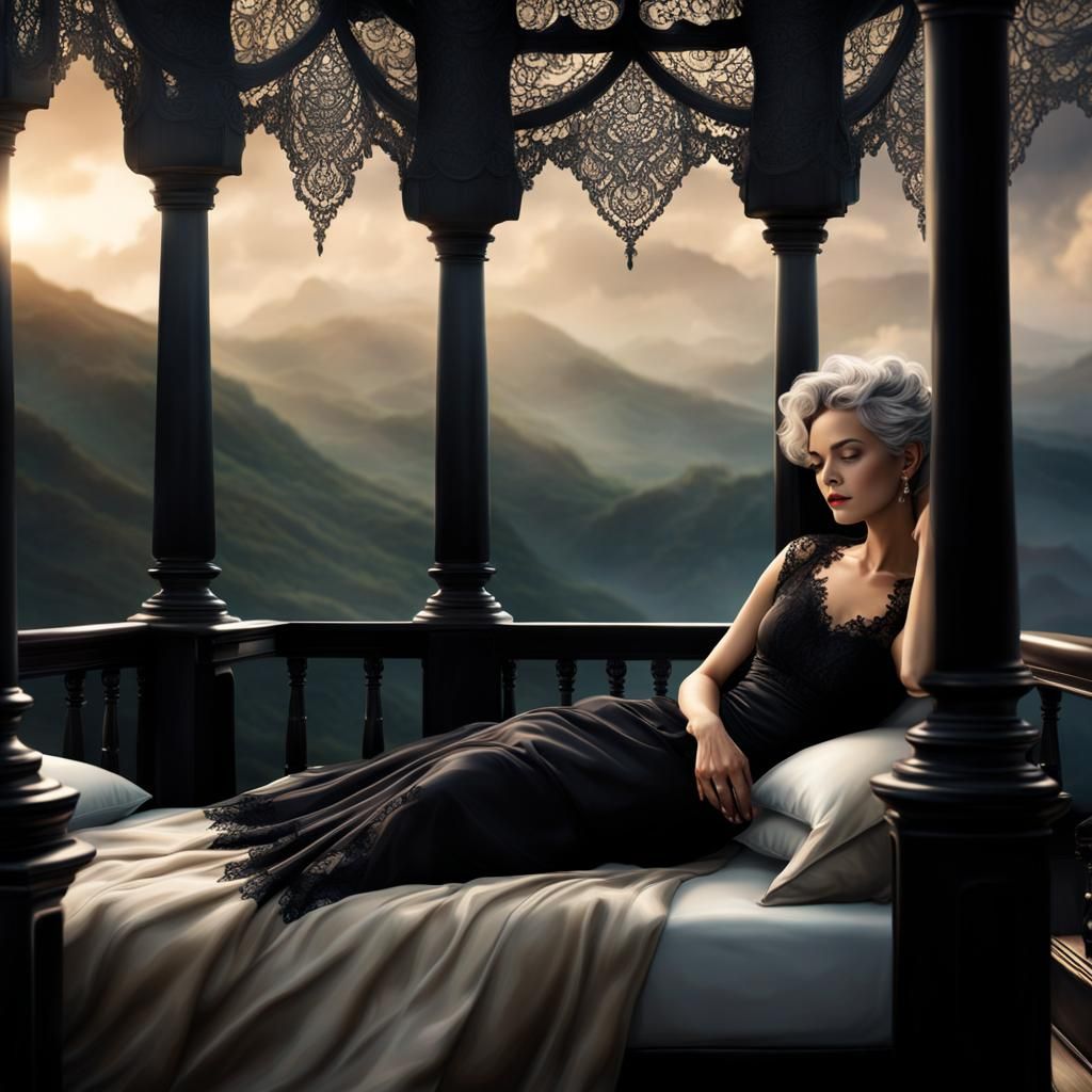 Woman with Grey Hair Asleep in Intricate Lace Dress