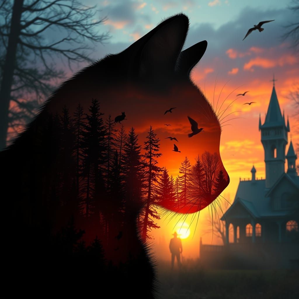 Fantasy Cat Silhouette Double Exposure with Forest and Mansi...