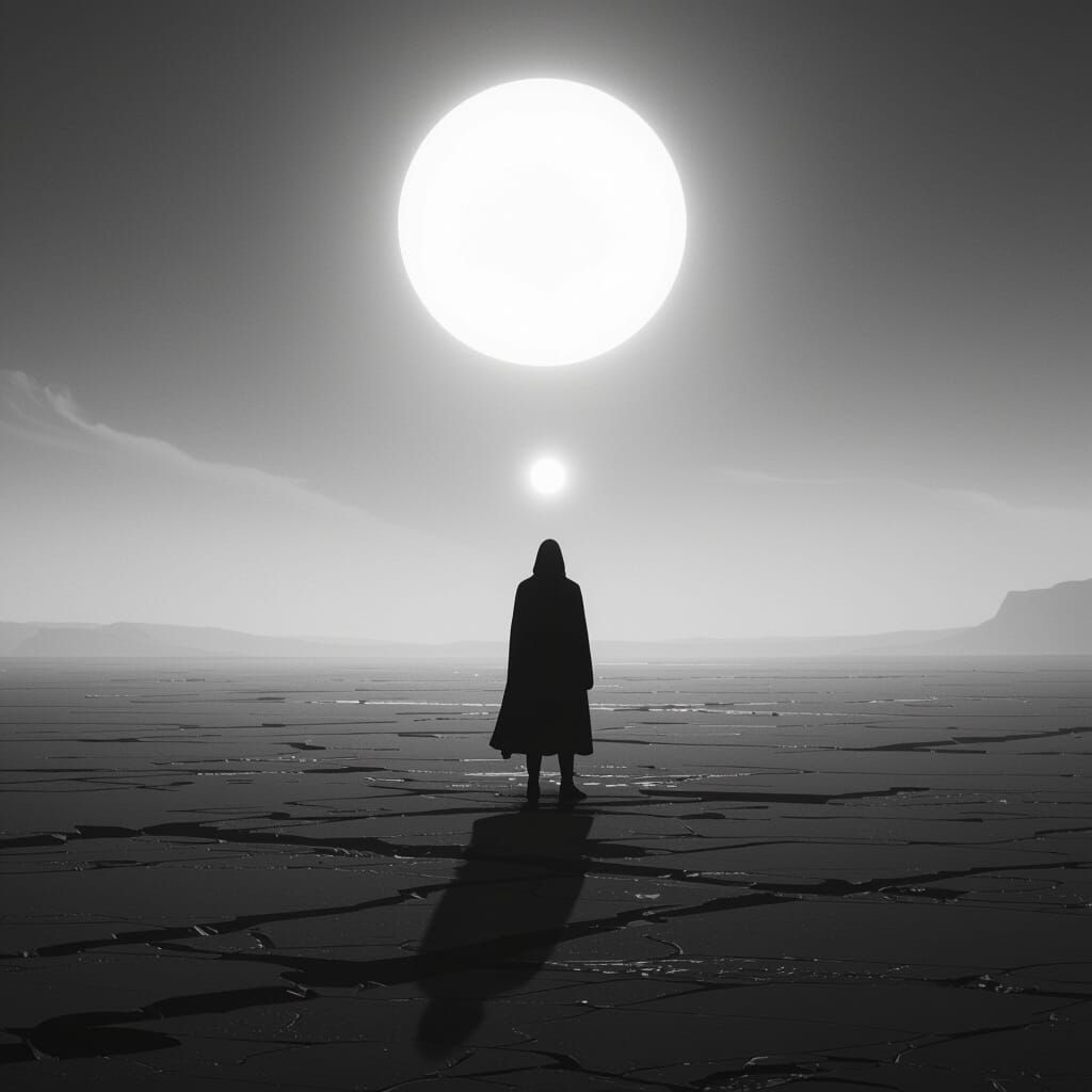 Solitary Figure Releases Glowing Orb into Darkness