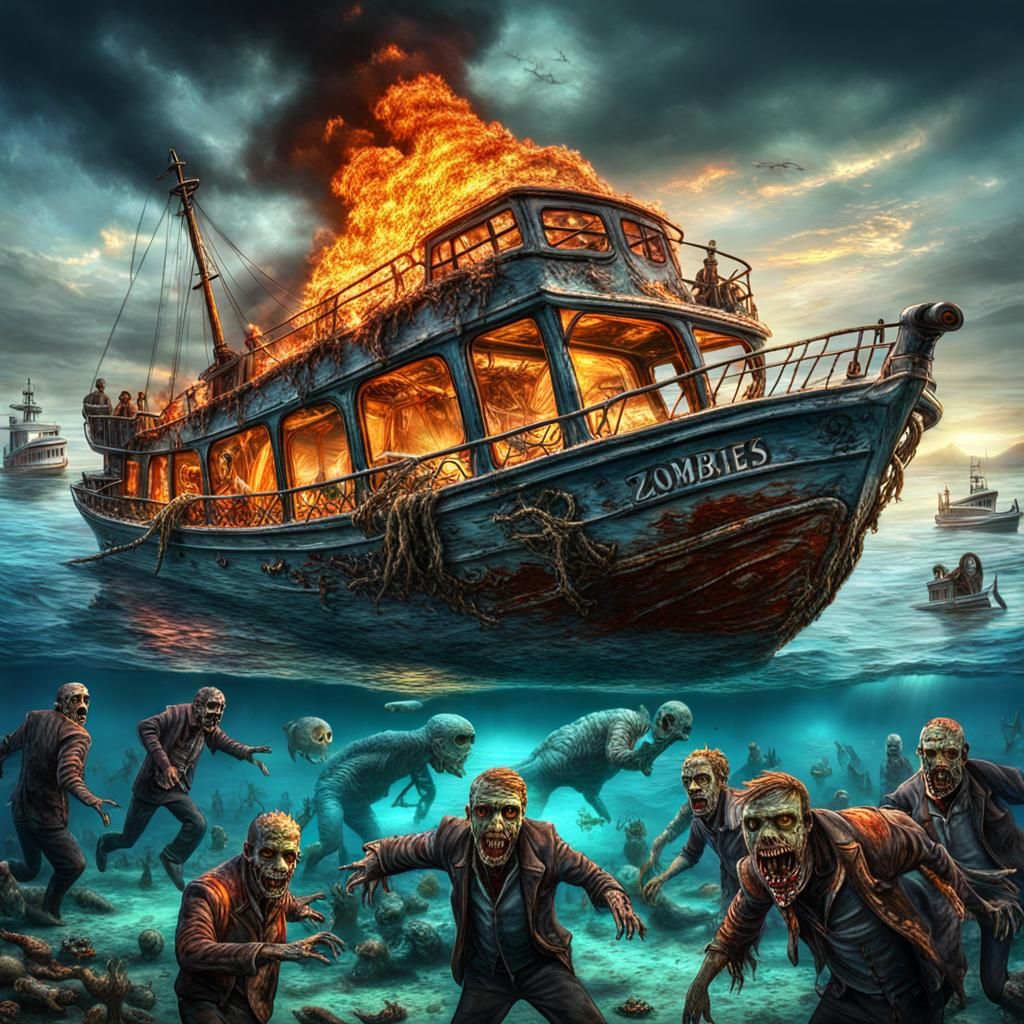 Burning Boat Over Zombie-Infested Sea: Hyperrealistic
