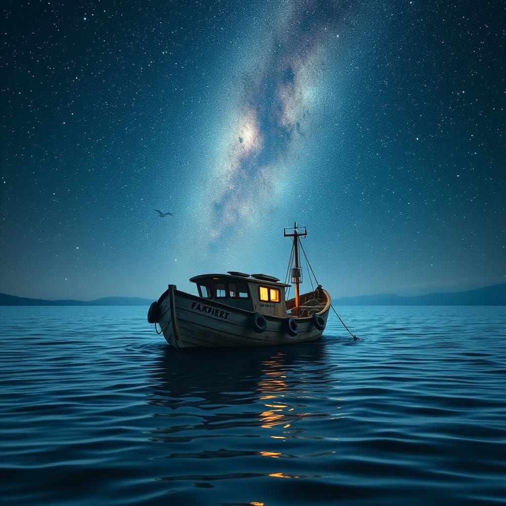 Starry Night Fishing Boat at Sea