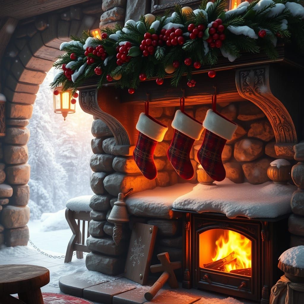 Whimsical Winter Scene with Wood Burning Stove and Mantel De...