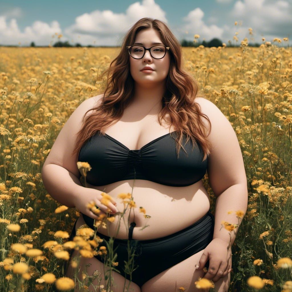 Curvy Woman in Flower Meadow, Hyperrealistic Style