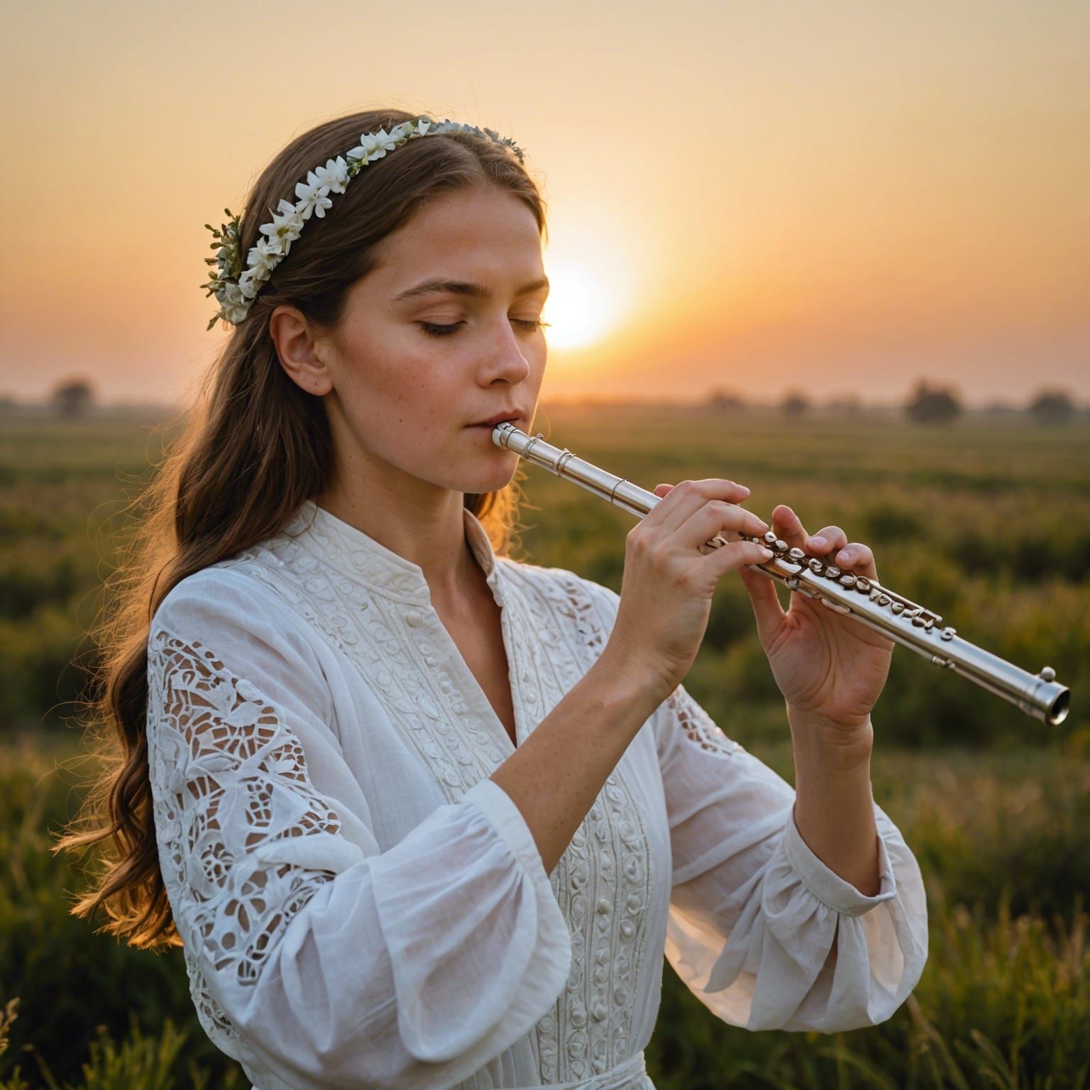 Girl in White Dress Playing Flute at Sunrise