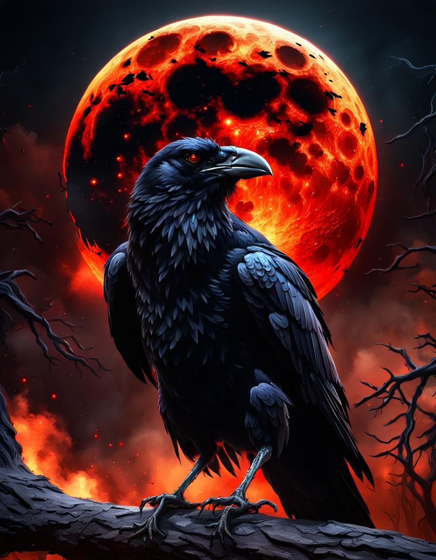 Epic Crow with Fire Eyes and Blood Moon