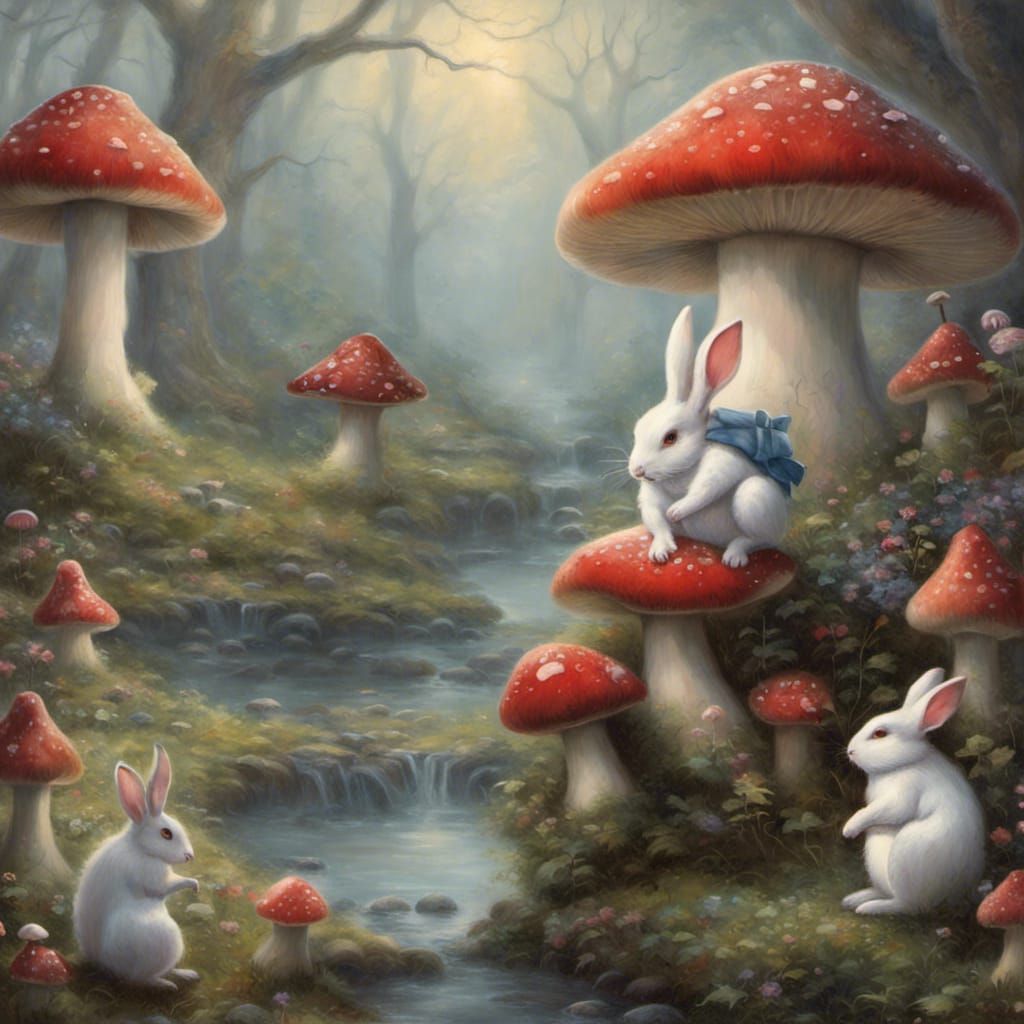 Ethereal Fantasy Scene with Rabbit and Toadstools