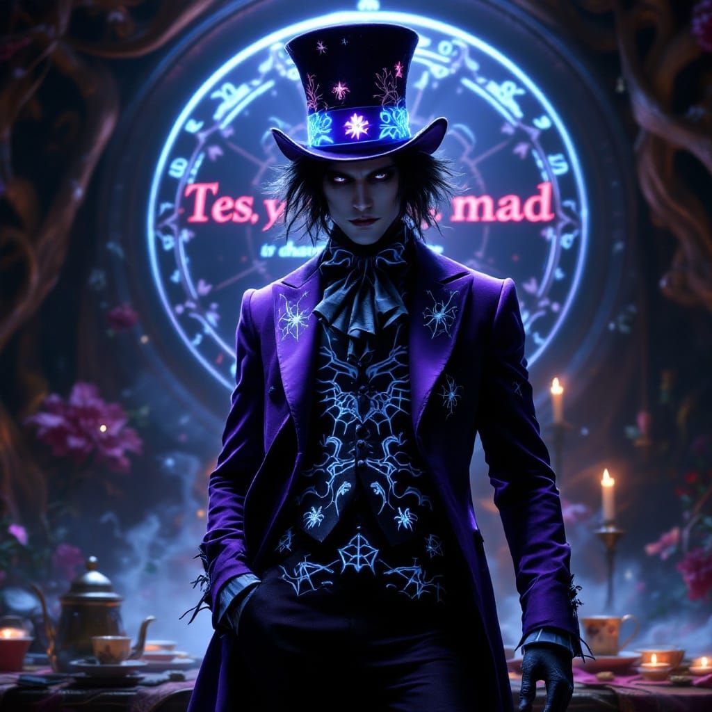 Goth Mad Hatter in Elegant Violet Suit with Bioluminescent T...