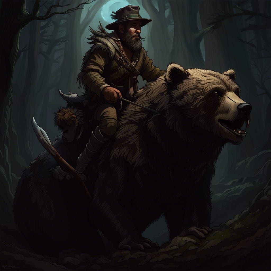 Frontiersman on Bear Monster in Dark Fantasy Forest