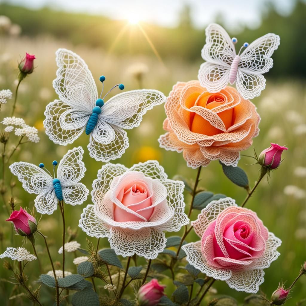 Lace Rose and Butterfly in Summer Meadow