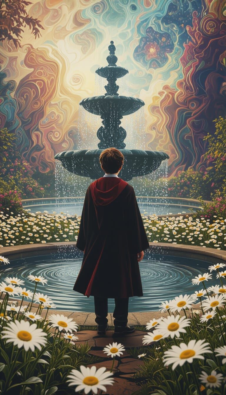 Harry Potter in Surreal Garden Blending Oil and Cosmic Art