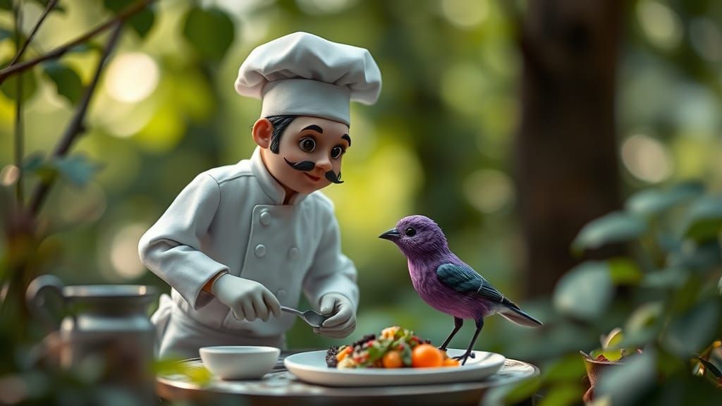 Miniature Chef Prepares Meal for Purple Bird