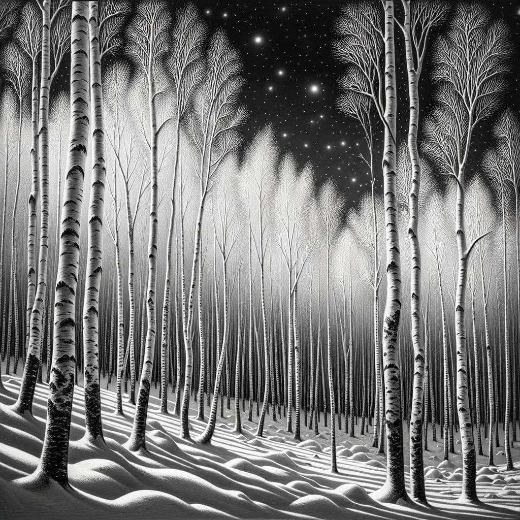 Monochromatic Winter Forest in Starry Night Sky