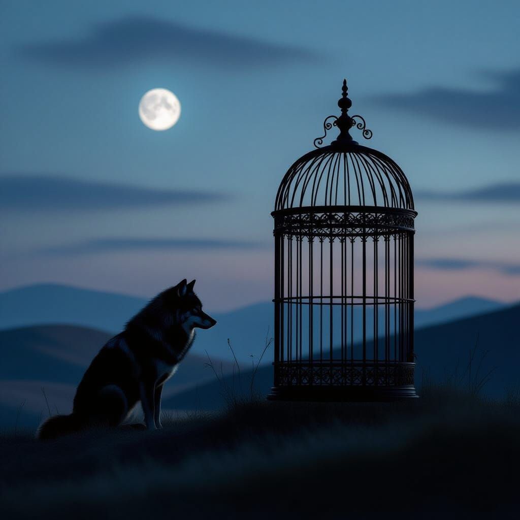 Lone Wolf Merging with Birdcage Against Twilight Sky