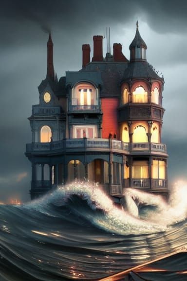 Victorian House Floating on a Wave