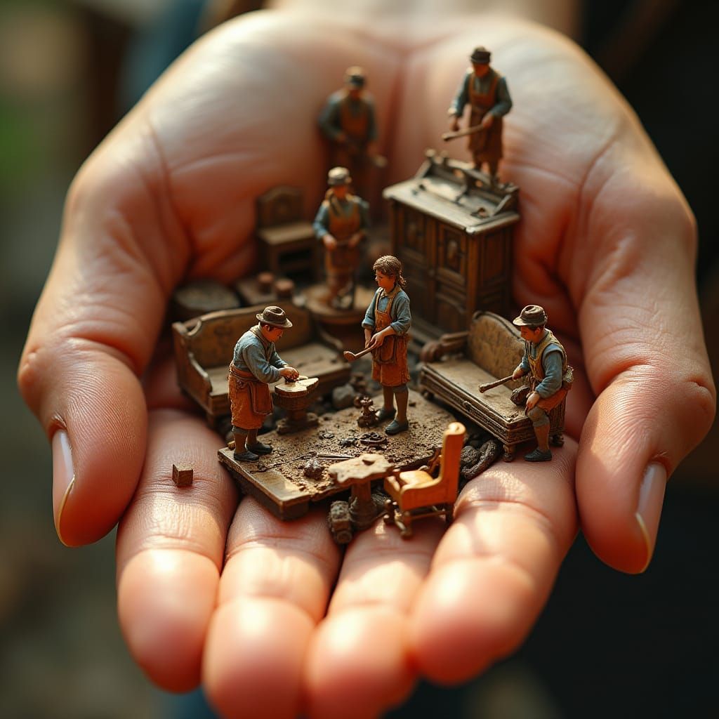 Whimsical Miniature Craftsmen Build Furniture in a Giant Han...