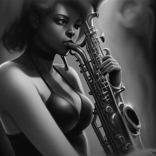 Black, white and red charcoal detail drawing of sax player i...