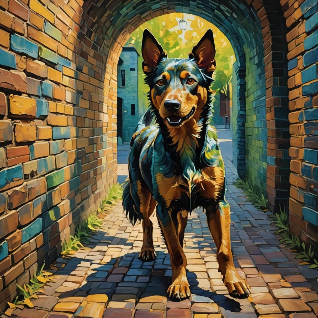 Kelpie Dog Runs Through Tunnel as Impasto Painting
